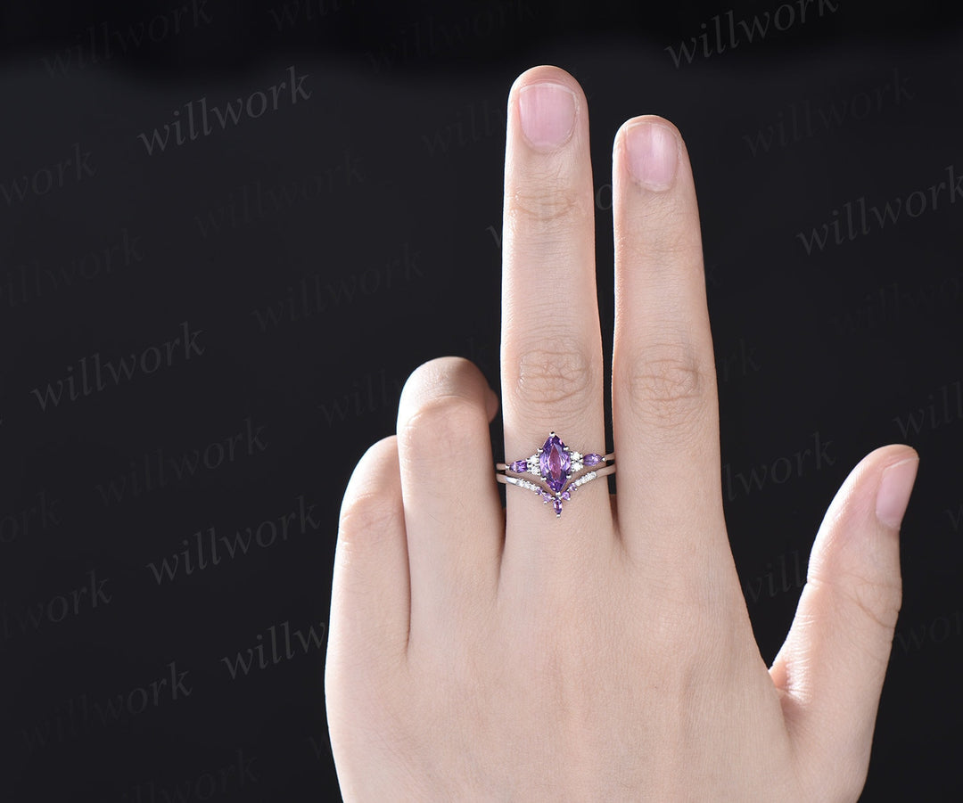 Vintage marquise cut purple amethyst engagement ring art deco 14k white gold moissanite 6 prong gemstone bridal wedding ring set women
