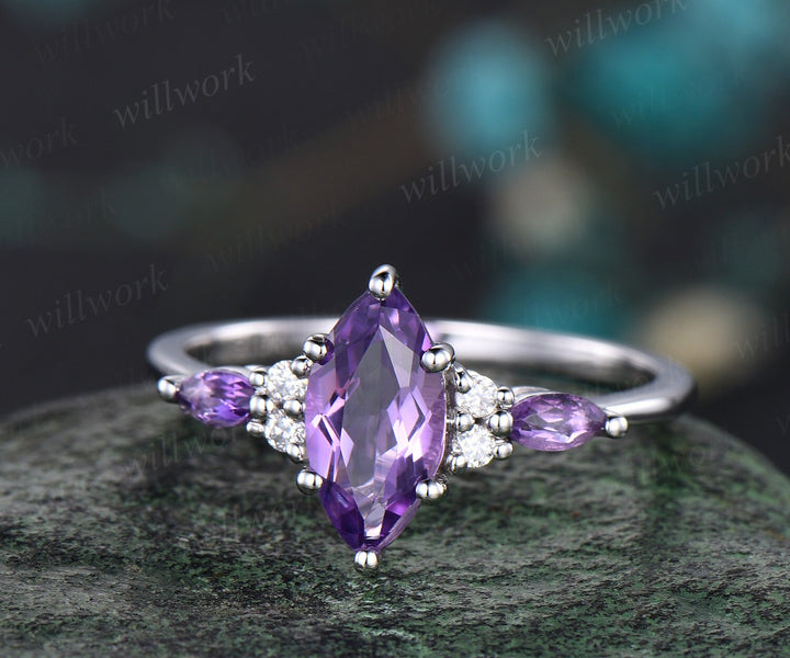 Vintage marquise cut purple amethyst engagement ring art deco 14k white gold moissanite 6 prong gemstone bridal wedding ring set women