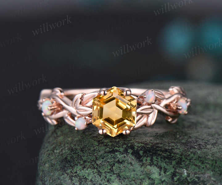 Vintage hexagon cut citrine engagement ring solid 14k yellow gold branch leaf opal ring November birthstone wedding anniversary ring gift