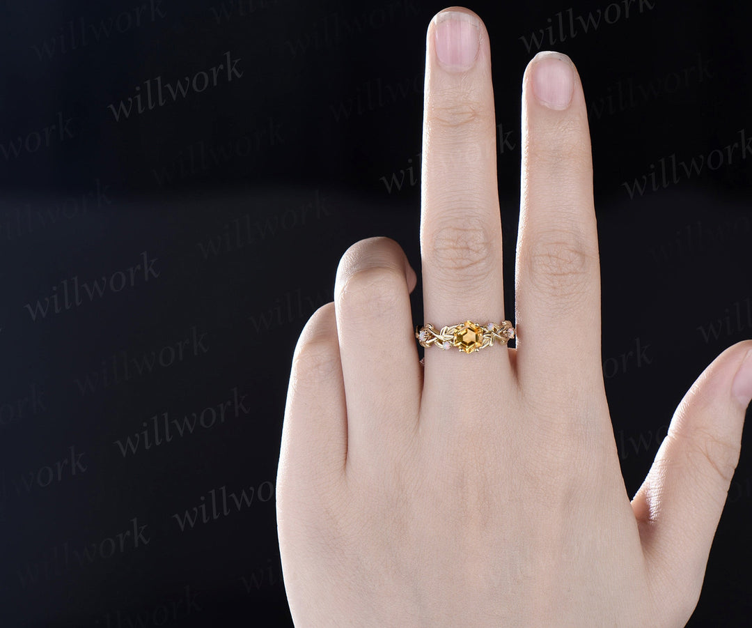 Vintage hexagon cut citrine engagement ring solid 14k yellow gold branch leaf opal ring November birthstone wedding anniversary ring gift