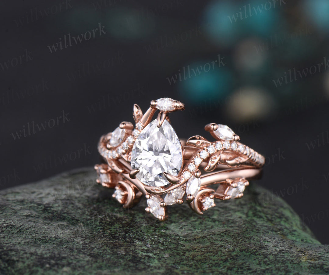 Vintage pear cut moissanite engagement ring set solid 14k rose gold moon leaf half eternity diamond promise wedding ring set women gift