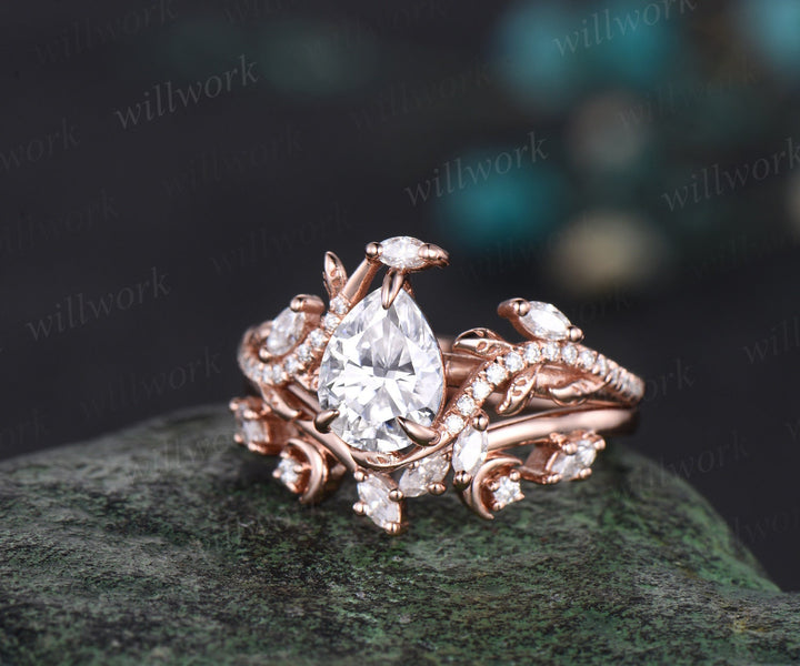 Vintage pear cut moissanite engagement ring set solid 14k rose gold moon leaf half eternity diamond promise wedding ring set women gift