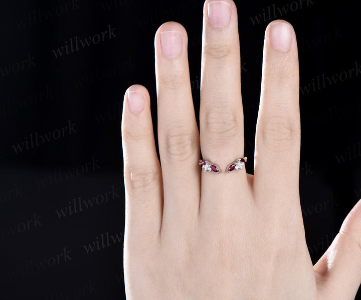 Open gap curved marquise cut natural ruby wedding band solid 14k rose gold cluster diamond ring vintage bridal anniversary ring gift