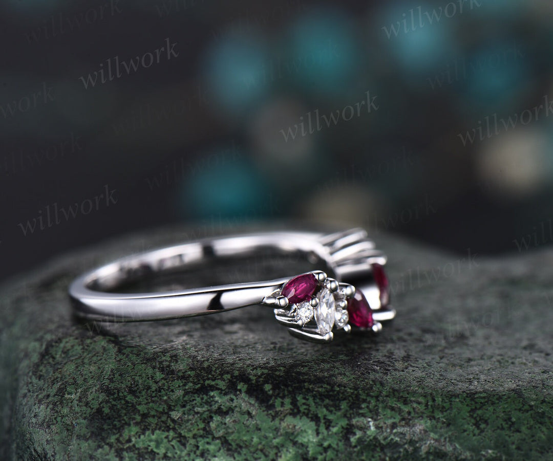 Open gap curved marquise cut natural ruby wedding band solid 14k rose gold cluster diamond ring vintage bridal anniversary ring gift