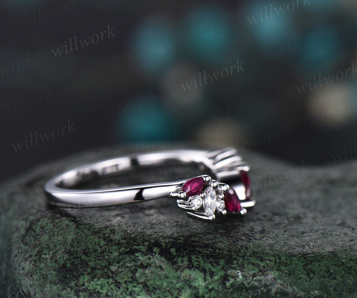 Open gap curved marquise cut natural ruby wedding band solid 14k rose gold cluster diamond ring vintage bridal anniversary ring gift