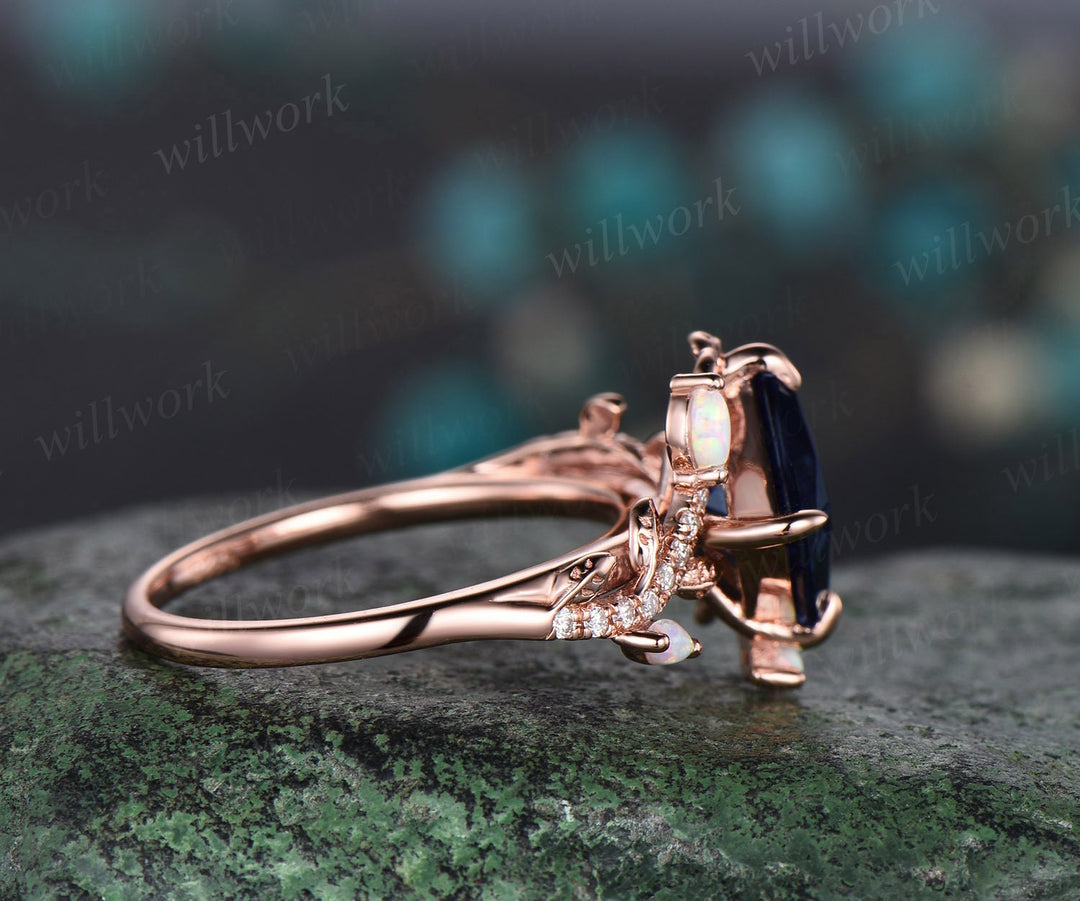 Vintage princess cut blue sapphire engagement ring solid 14k yellow gold leaf half eternity diamond opal wedding anniversary ring women gift