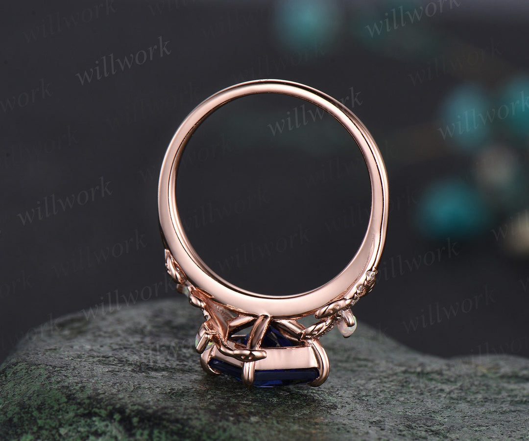 Vintage princess cut blue sapphire engagement ring solid 14k yellow gold leaf half eternity diamond opal wedding anniversary ring women gift