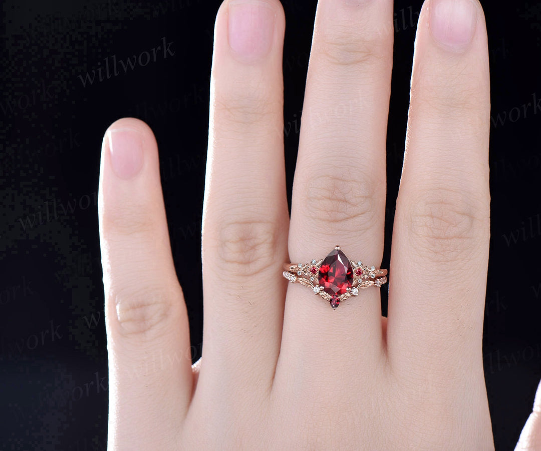 Vintage pear red ruby engagement ring solid 14k rose gold twig leaf floral antique unique cluster diamond bridal wedding ring set women gift