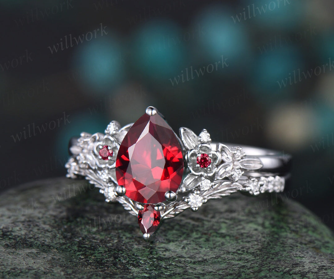 Vintage pear red ruby engagement ring solid 14k rose gold twig leaf floral antique unique cluster diamond bridal wedding ring set women gift
