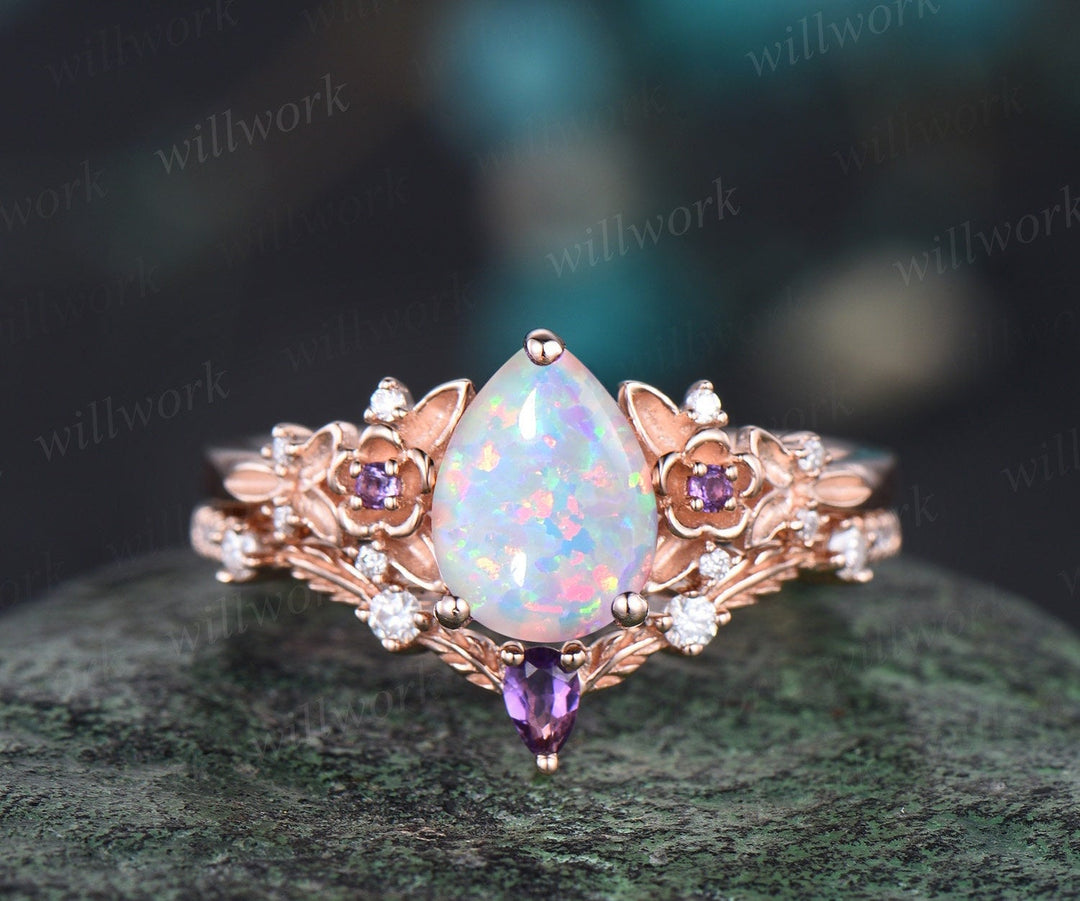 Vintage pear white opal engagement ring 14k rose gold twig leaf floral antique unique cluster diamond bridal wedding ring set women gift