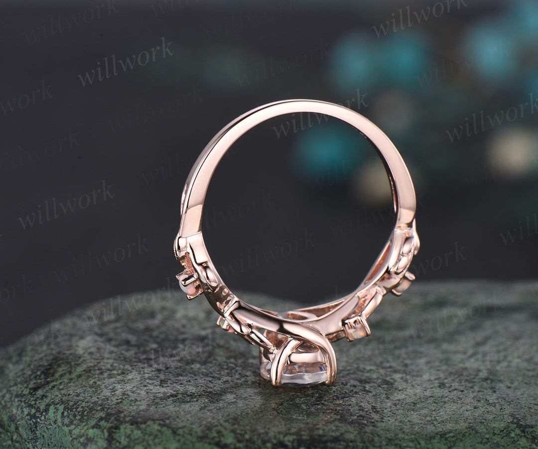 Pear shaped blue sapphire ring vintage five stone opal ring rose gold leaf nature inspired engagement ring twisted wedding ring set women