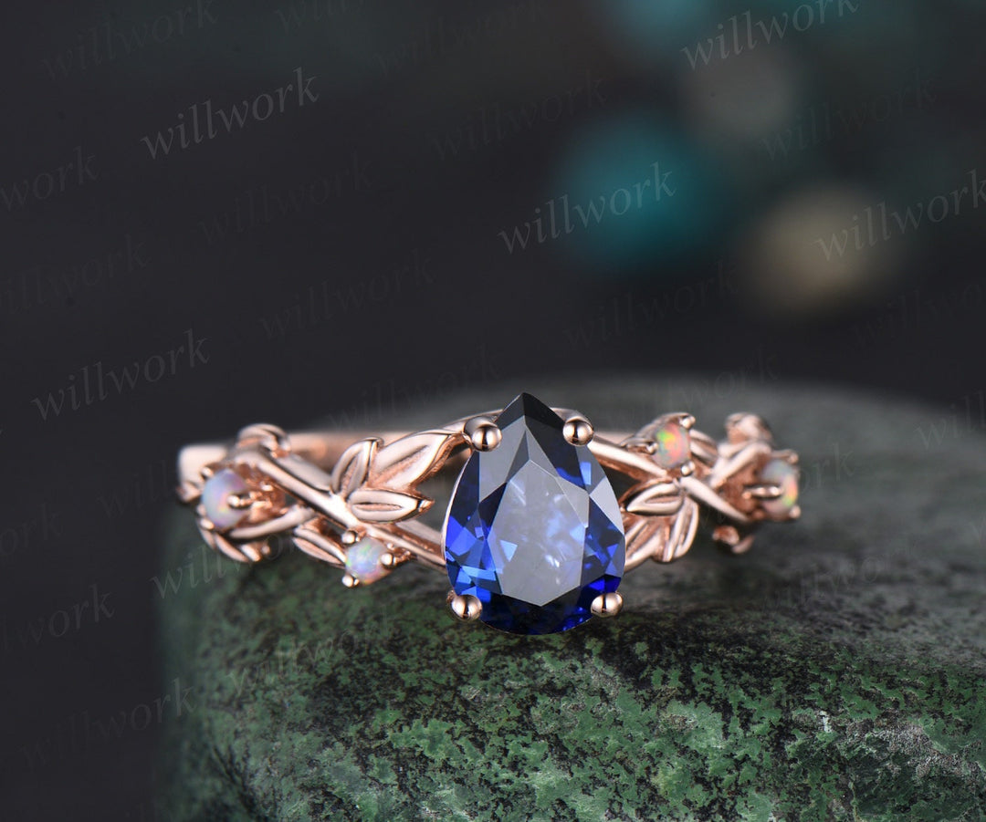 Pear shaped blue sapphire ring vintage five stone opal ring rose gold leaf nature inspired engagement ring twisted wedding ring set women