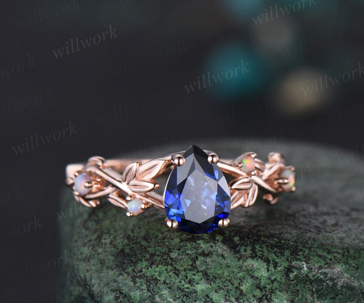 Pear shaped blue sapphire ring vintage five stone opal ring rose gold leaf nature inspired engagement ring twisted wedding ring set women