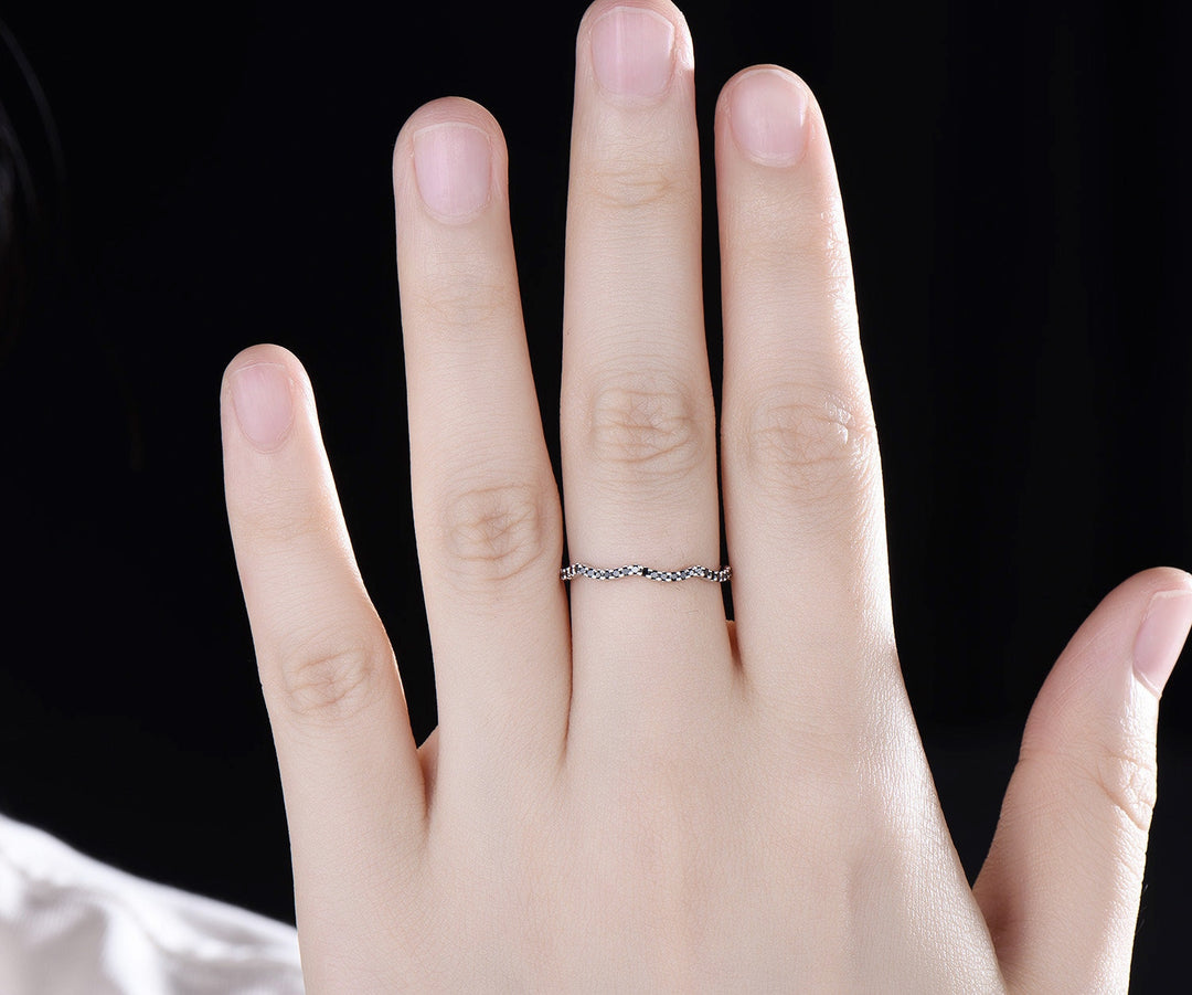 Twisted full eternity black diamond wedding band solid 14k white gold stacking matching wedding ring band women anniversary gift jewelry