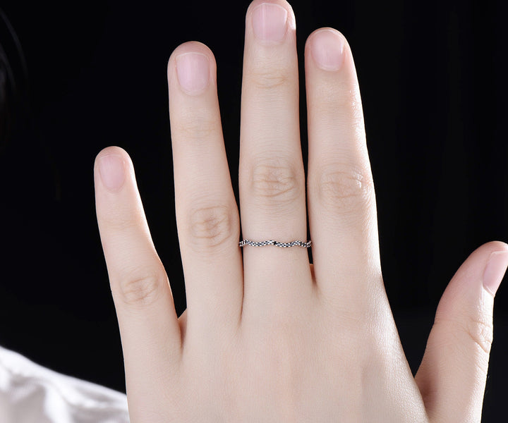 Twisted full eternity black diamond wedding band solid 14k white gold stacking matching wedding ring band women anniversary gift jewelry