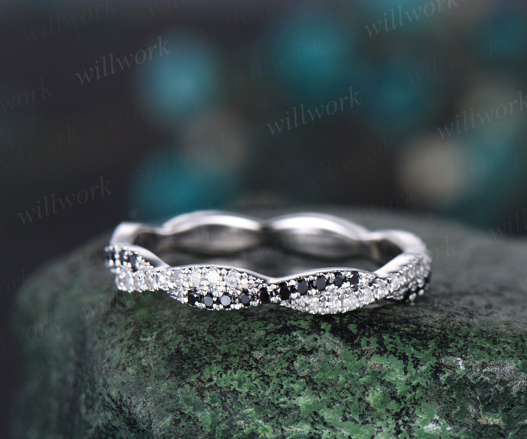 Infinity black diamond wedding band white gold full eternity twisted wedding ring band women delicate micro pave anniversary bridal ring