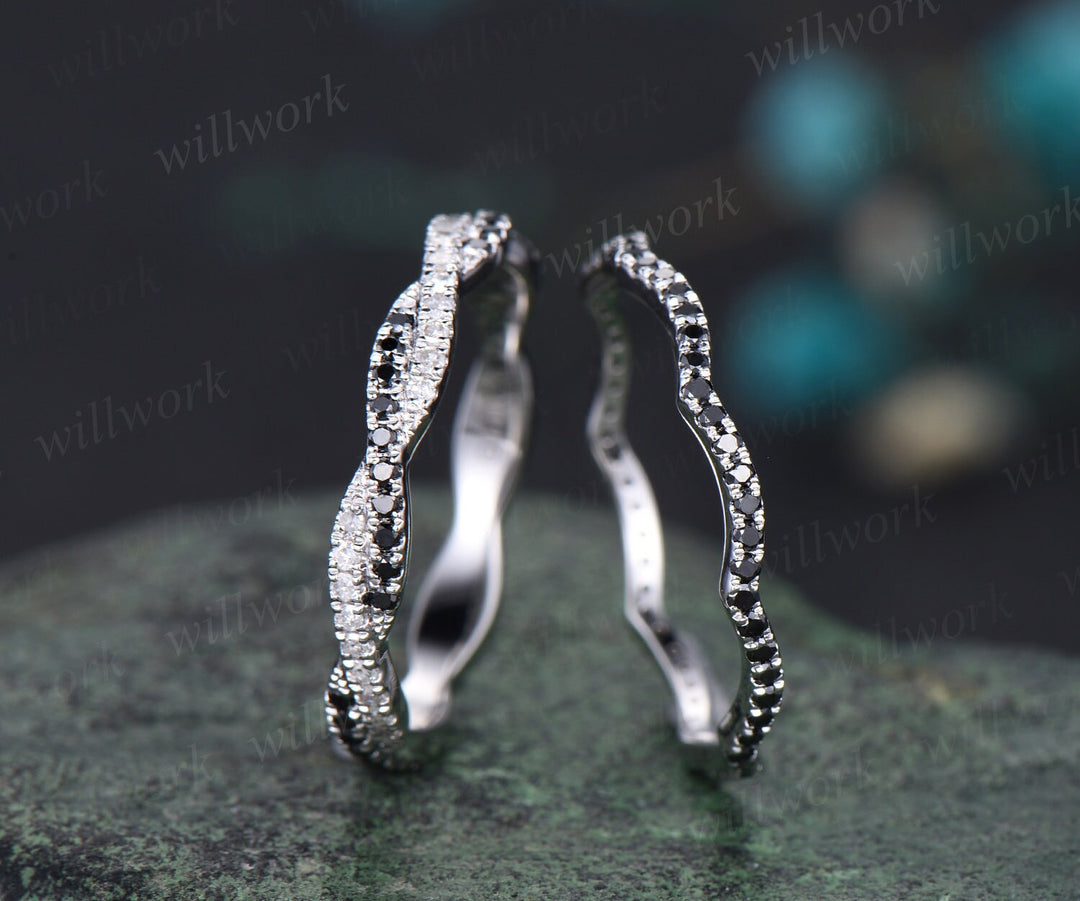 Infinity black diamond wedding band white gold full eternity twisted wedding ring band women delicate micro pave anniversary bridal ring