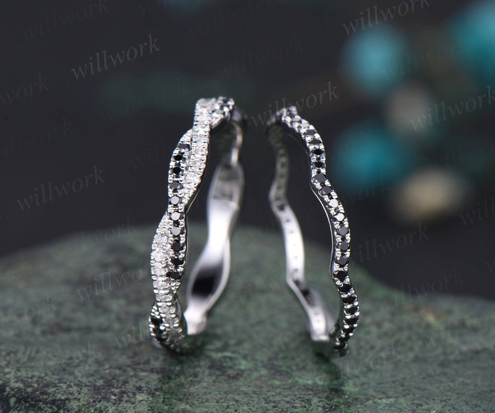 Infinity black diamond wedding band white gold full eternity twisted wedding ring band women delicate micro pave anniversary bridal ring