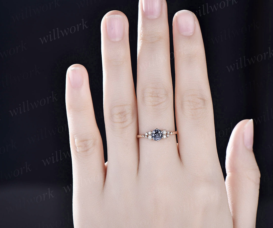 Dainty round cut gray spinel ring rose gold unique snowdrift engagement ring cluster diamond bridal anniversary ring women gift jewelry