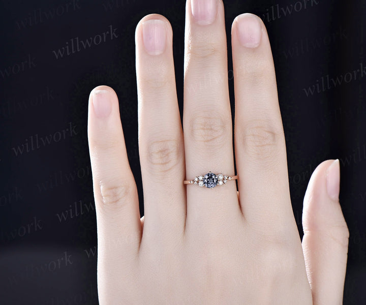 Dainty round cut gray spinel ring rose gold unique snowdrift engagement ring cluster diamond bridal anniversary ring women gift jewelry