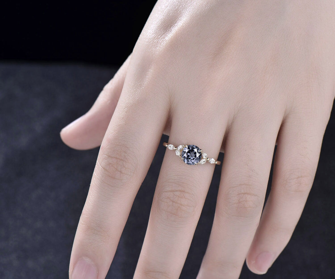 1ct round cut gray spinel ring vintage unique engagement ring solid 14k yellow gold cluster marquise diamond promise wedding ring women