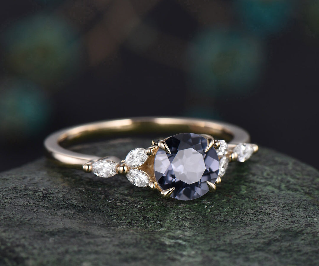 1ct round cut gray spinel ring vintage unique engagement ring solid 14k yellow gold cluster marquise diamond promise wedding ring women