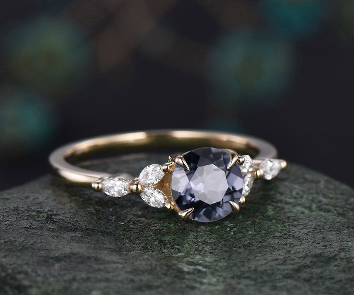 1ct round cut gray spinel ring vintage unique engagement ring solid 14k yellow gold cluster marquise diamond promise wedding ring women