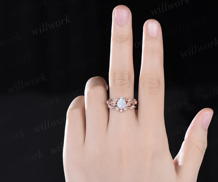 Pear shaped white opal ring vintage five stone rose gold leaf nature inspired engagement ring women twisted wedding bridal ring set gift