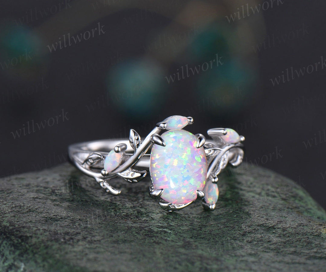 Oval white opal ring vintage rose gold five stone leaf unique nature inspired engagement ring women antique anniversary ring set gift