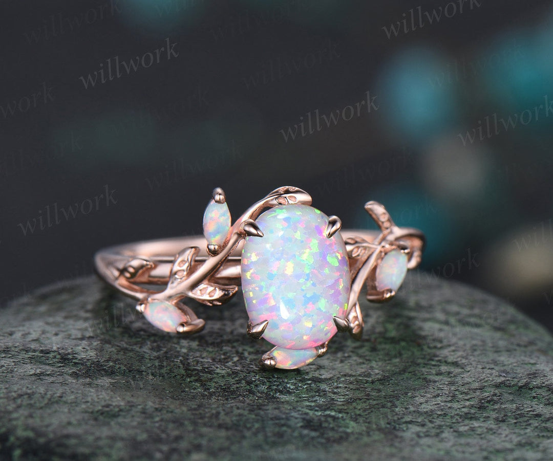 Oval white opal ring vintage rose gold five stone leaf unique nature inspired engagement ring women antique anniversary ring set gift