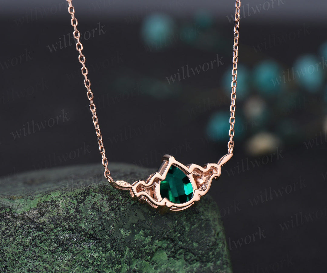 Pear shaped green emerald necklace solid 14k 18k rose gold three stone leaf floral nature inspired pendant women anniversary gift mother