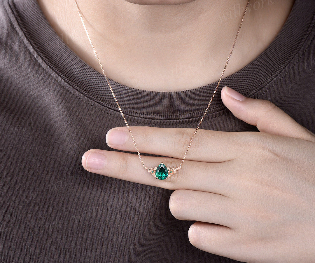 Pear shaped green emerald necklace solid 14k 18k rose gold three stone leaf floral nature inspired pendant women anniversary gift mother