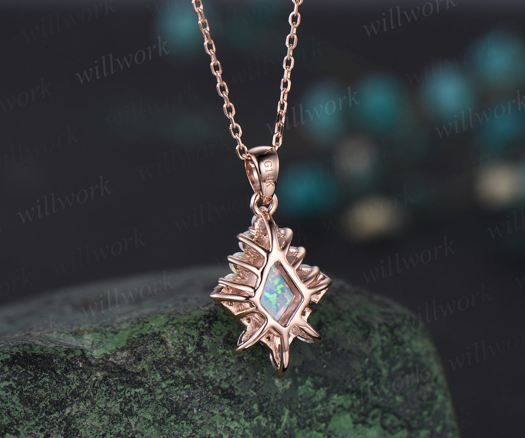 Kite cut white opal necklace solid 14k 18k rose gold vintage unique halo opal diamond pendant women her anniversary bridal gift mother