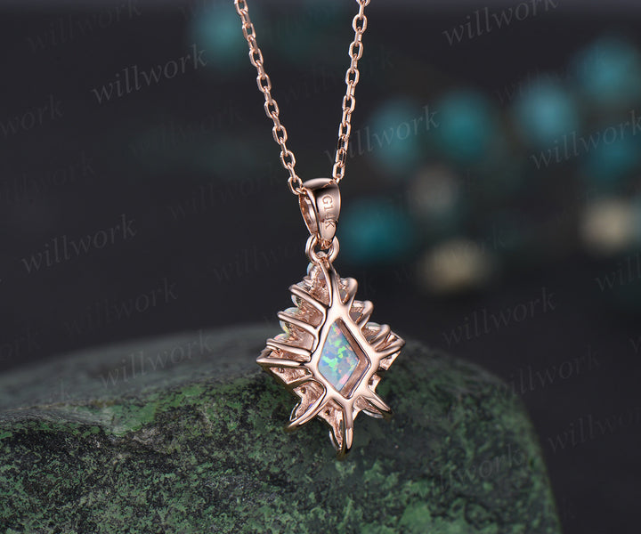 Kite cut white opal necklace solid 14k 18k rose gold vintage unique halo opal diamond pendant women her anniversary bridal gift mother