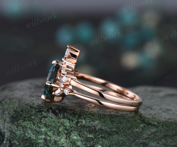 Princess cut green moissanite engagement ring set solid 14k rose gold cluster marquise cut diamond promise wedding bridal ring set women