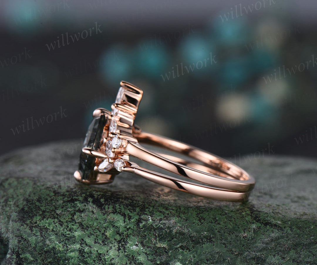 Princess cut black rutilated quartz engagement ring set solid 14k rose gold cluster marquise cut diamond wedding bridal ring set gift women