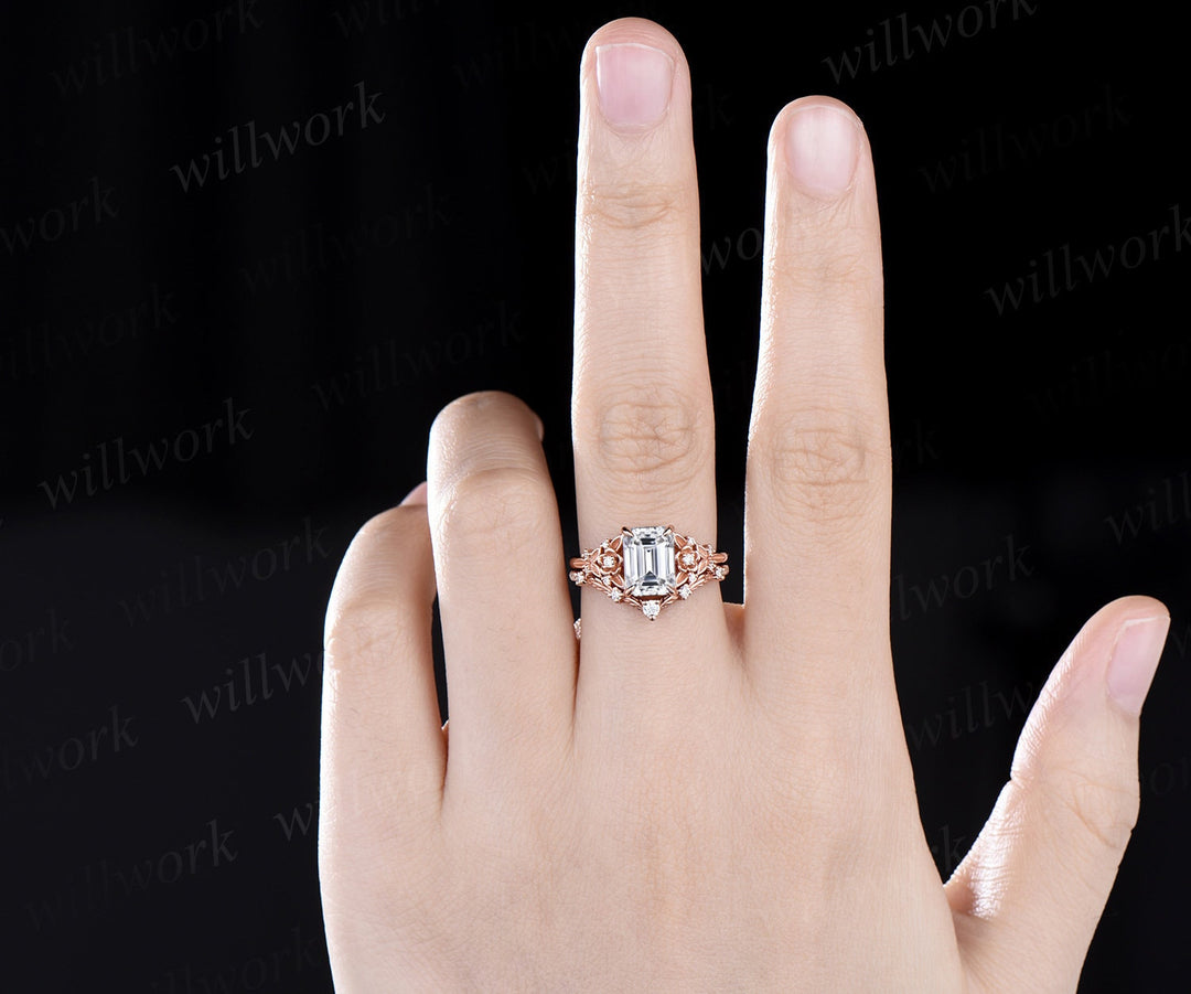 Vintage emerald cut moissanite engagement ring rose gold leaf flower nature inspired unique cluster diamond bridal wedding ring set women