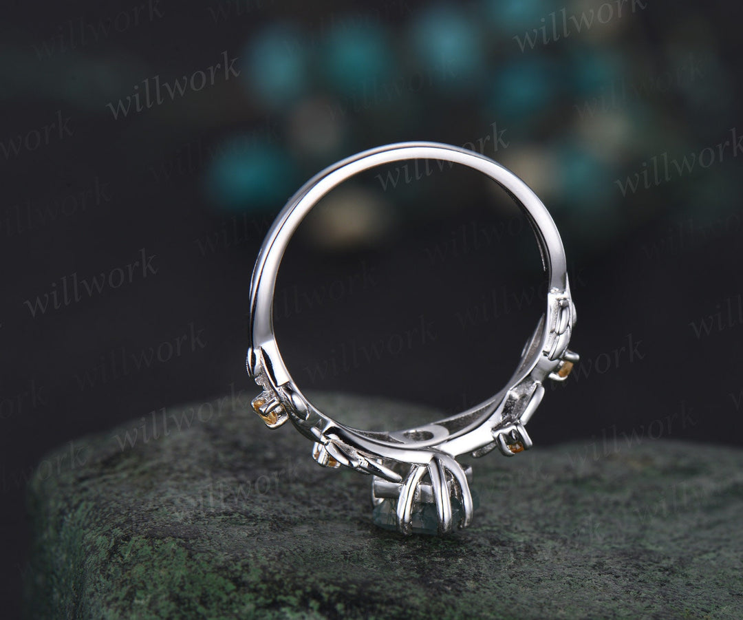 Vintage kite cut white opal engagement ring solid 14k white gold five stone leaf Nature inspired Crystal citrine anniversary ring women gift