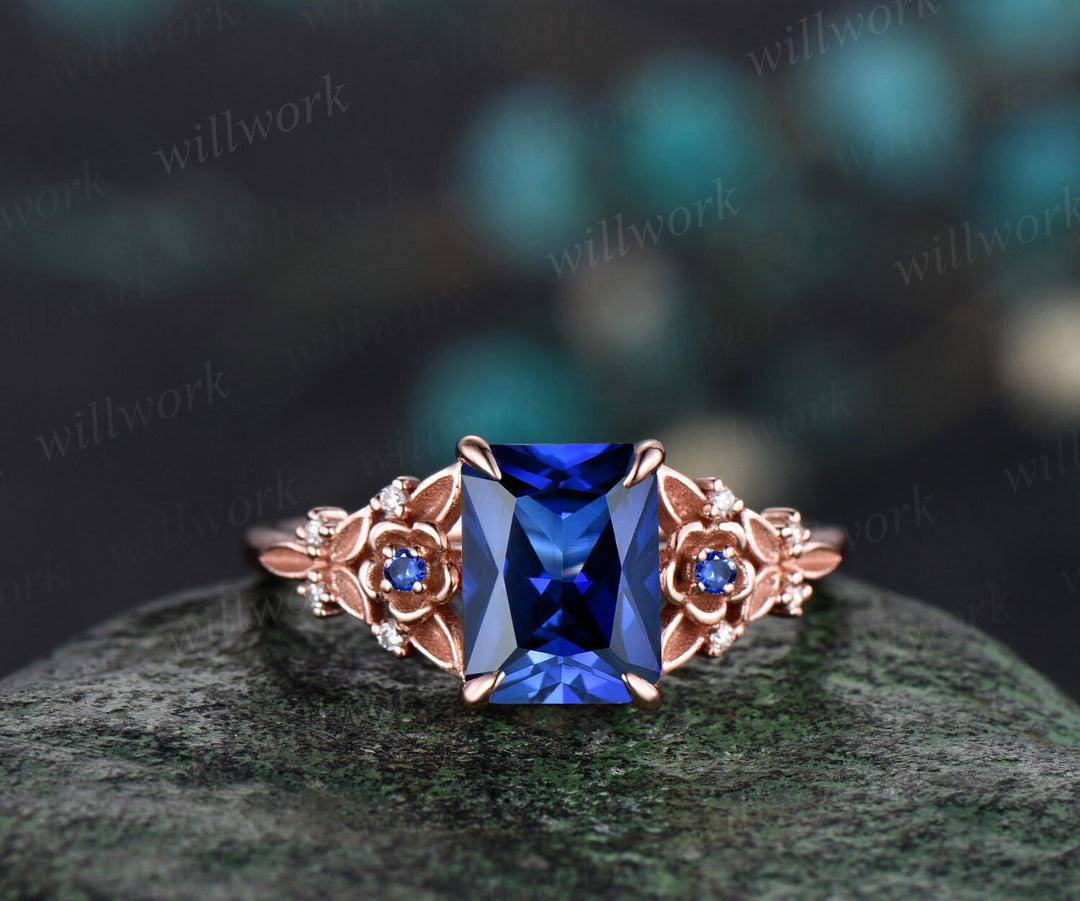 Vintage Radiant cut sapphire engagement ring rose gold leaf flower nature inspired unique cluster diamond bridal wedding ring set women