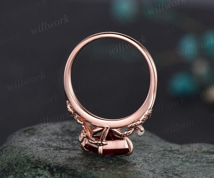 Vintage princess cut red garnet engagement ring rose gold leaf nature inspired branch half eternity diamond opal anniversary ring women gift
