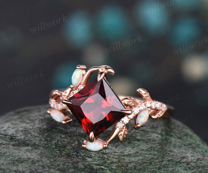 Vintage princess cut red garnet engagement ring rose gold leaf nature inspired branch half eternity diamond opal anniversary ring women gift