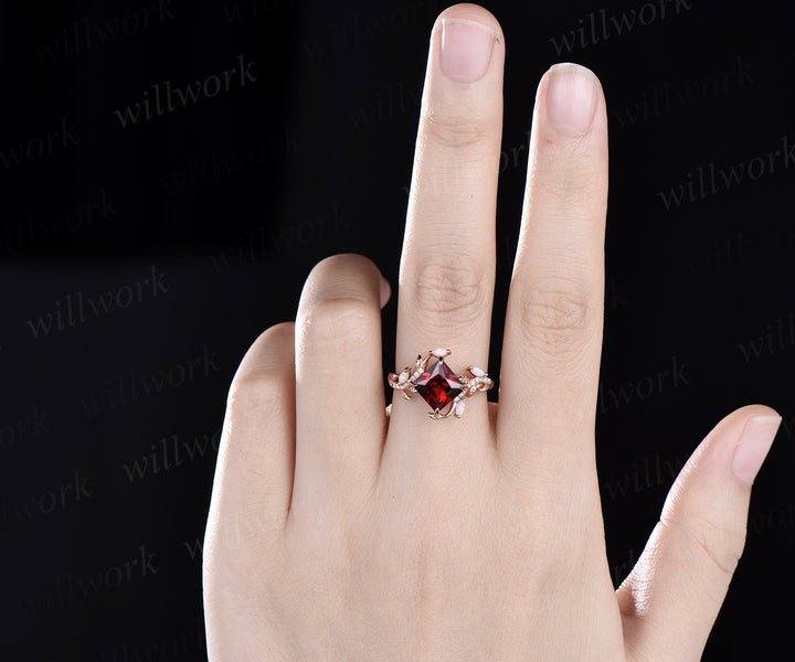 Vintage princess cut red garnet engagement ring rose gold leaf nature inspired branch half eternity diamond opal anniversary ring women gift