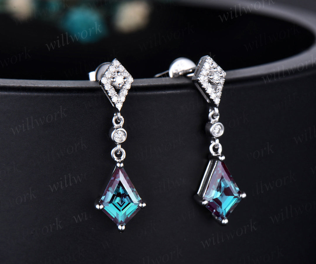 Vintage kite cut alexandrite earrings solid 14k white gold halo diamond drop earrings women June birthstone dainty anniversary gift for her