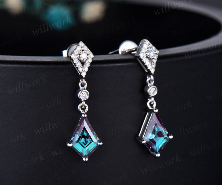 Vintage kite cut alexandrite earrings solid 14k white gold halo diamond drop earrings women June birthstone dainty anniversary gift for her