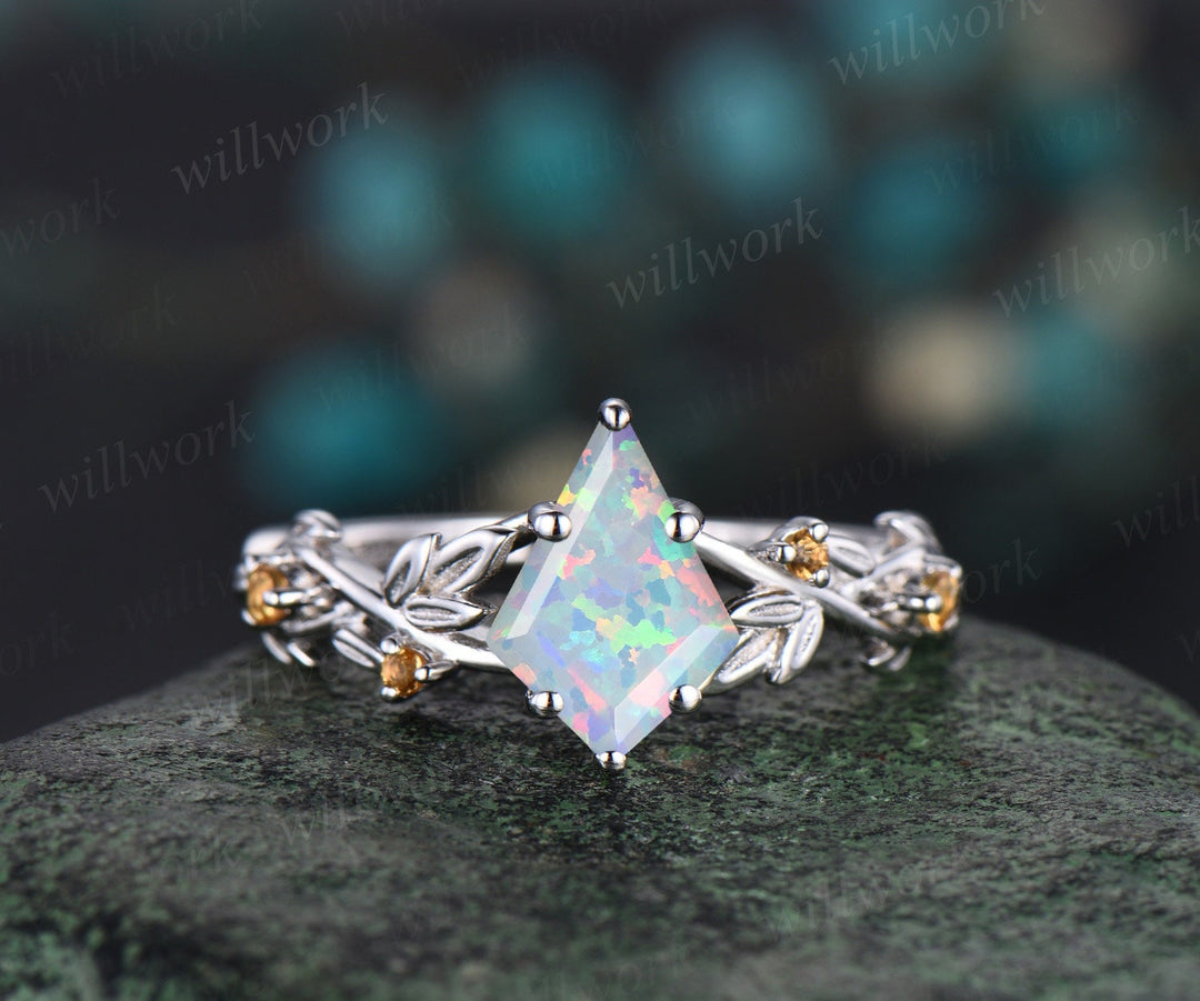 Vintage kite cut white opal engagement ring solid 14k white gold five stone leaf Nature inspired Crystal citrine anniversary ring women gift