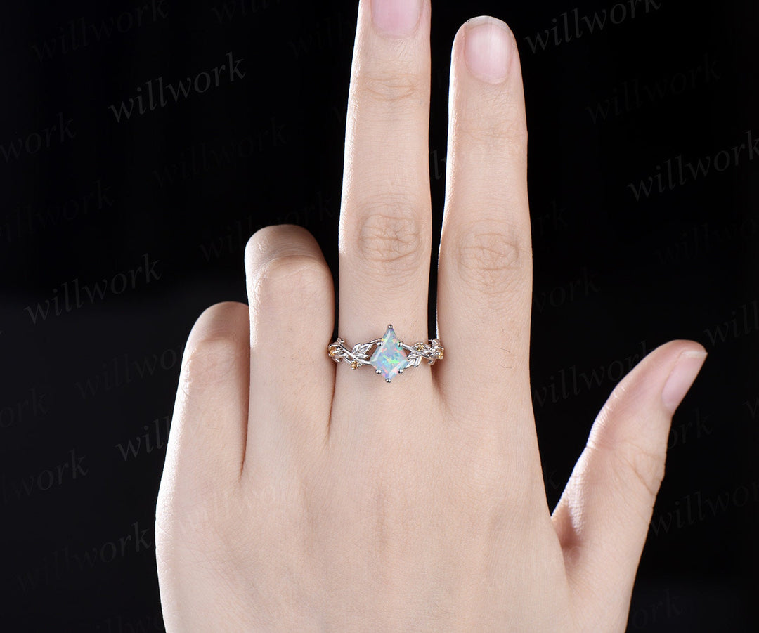 Vintage kite cut white opal engagement ring solid 14k white gold five stone leaf Nature inspired Crystal citrine anniversary ring women gift