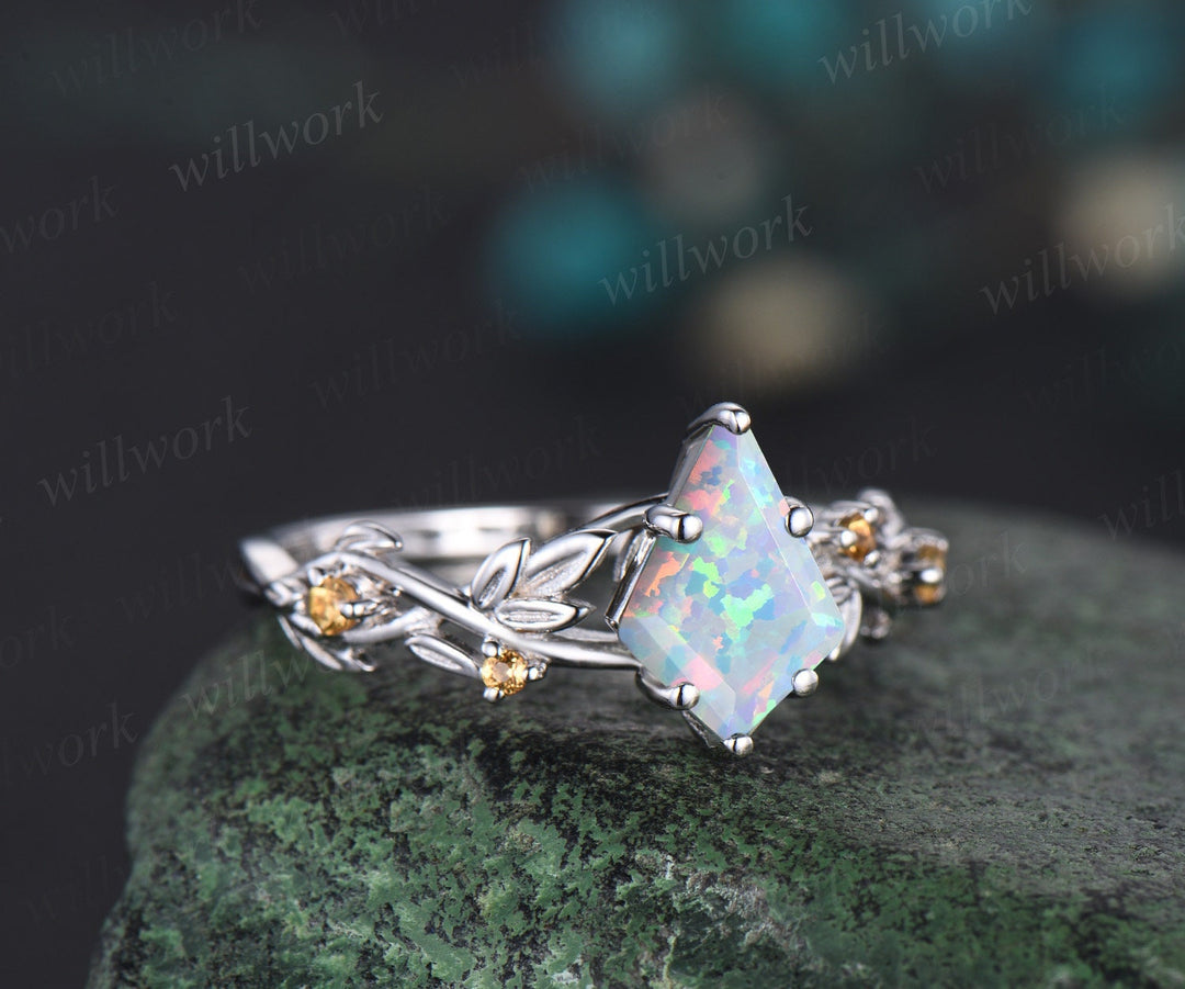 Vintage kite cut white opal engagement ring solid 14k white gold five stone leaf Nature inspired Crystal citrine anniversary ring women gift