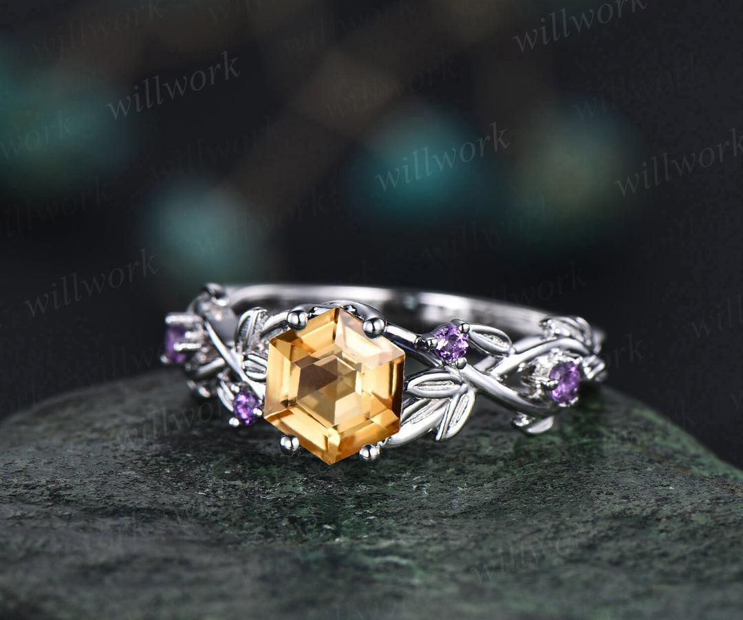 Vintage hexagon cut citrine engagement ring solid 14k yellow gold branch leaf opal ring November birthstone wedding anniversary ring gift