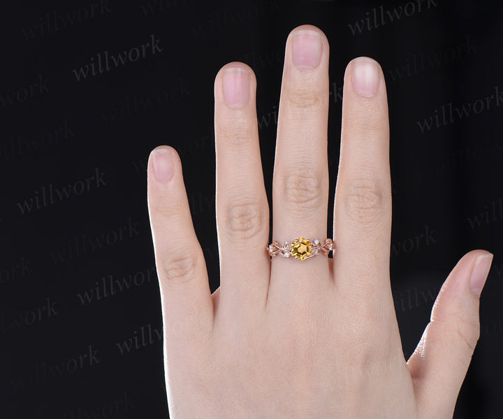 Vintage hexagon cut citrine engagement ring solid 14k yellow gold branch leaf opal ring November birthstone wedding anniversary ring gift