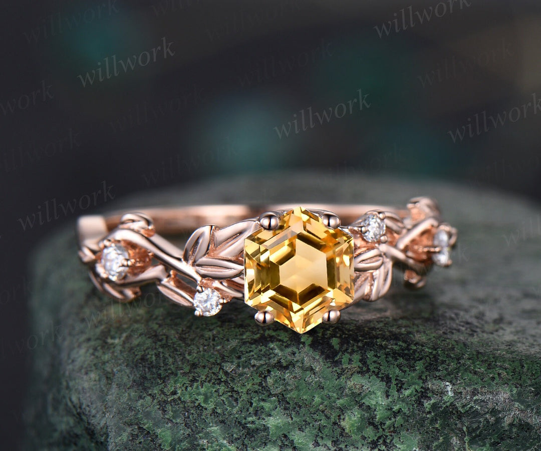 Vintage hexagon cut citrine engagement ring solid 14k yellow gold branch leaf opal ring November birthstone wedding anniversary ring gift